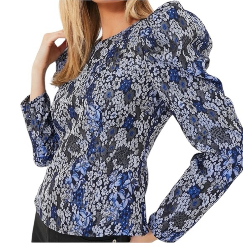 Hyacinth House NEW Blue Jacquard Priscilla Floral Puff Sleeve Blouse Top Size L
